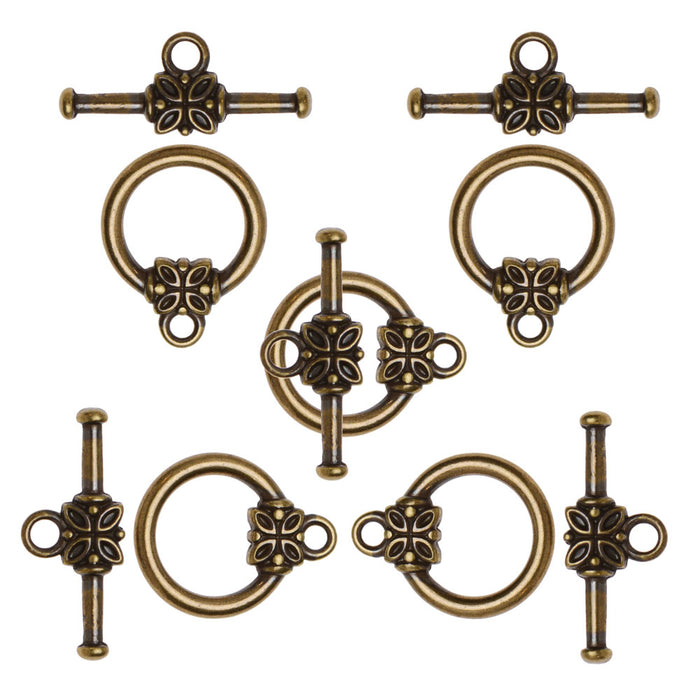 Toggle Clasps, with Flower Design 14mm, Antiqued Brass (5 Sets)
