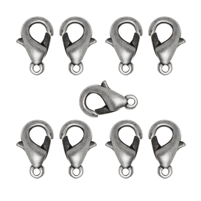 Lobster Clasps, Curved Claw with Loop 10mm, Antiqued Silver (10 Pieces)
