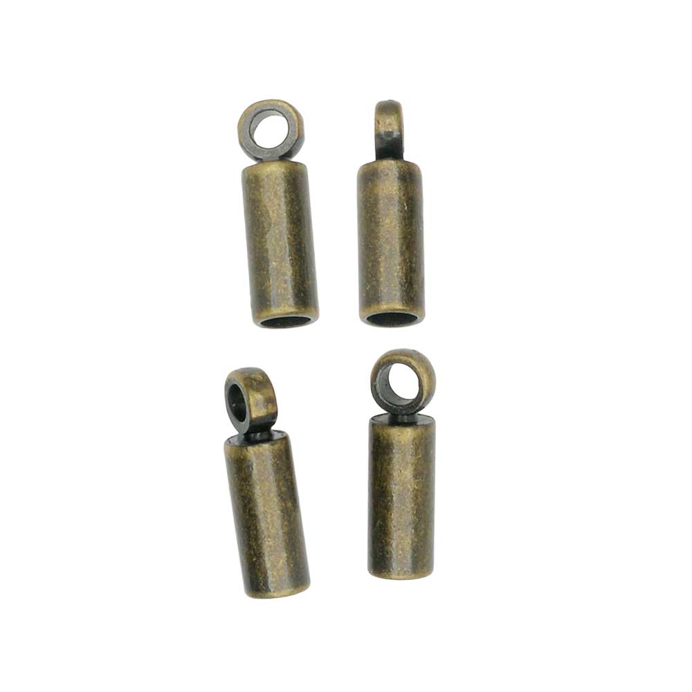 Cord Ends, Barrel with Ring 6.5mm Long, Fits 1.2mm Cord, Antique Brass Tone (4 Pieces)