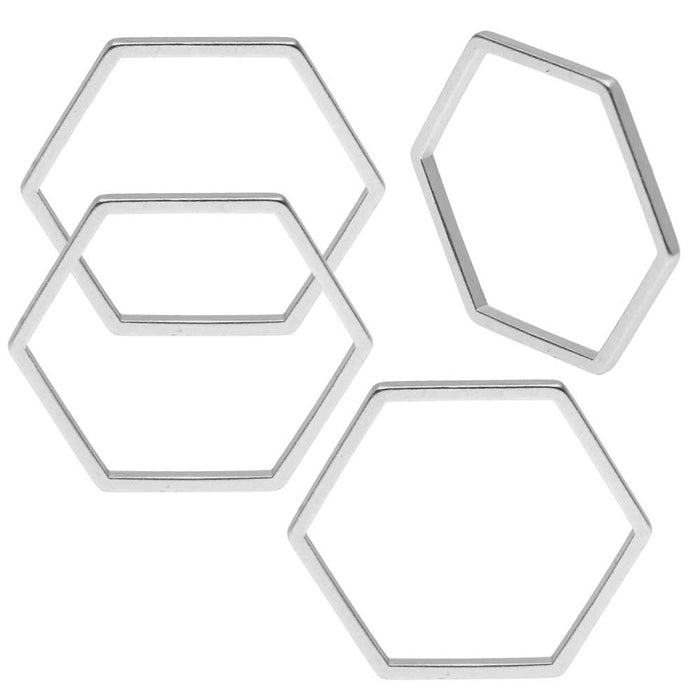 Open Bead Frame Links, Hexagon 17.5mm, Matte Silver Tone (4 Pieces)