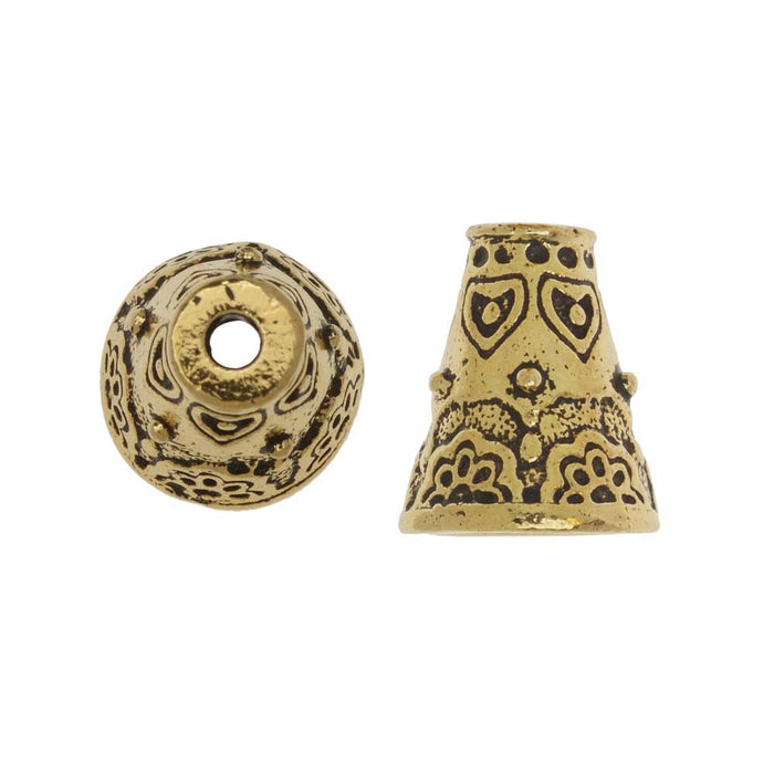 TierraCast Pewter, Beading Cone/Strand Reducer with Floral Pattern 12.5x11mm 22K Gold Plated (2 Pieces)