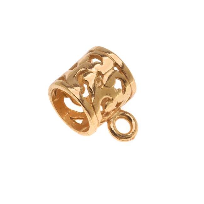 Brass Openwork Tube Bail With Ring - 10.5mm Wide Fits 7.5mm Cord Or Chain
