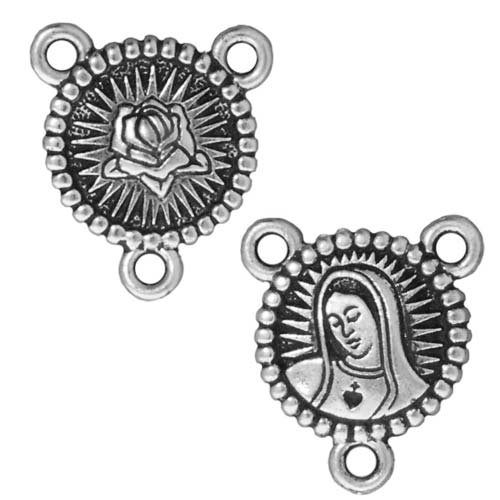 TierraCast Fine Silver Plated Pewter Rose Our Lady 3-Strand Connector Bead (2 Pieces)