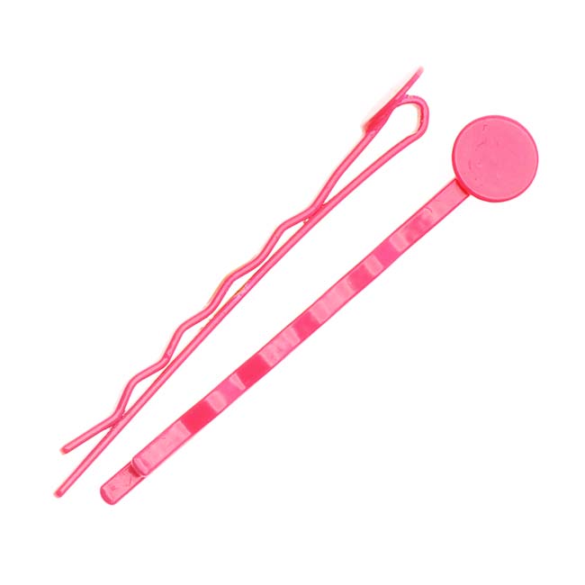 Neon Pink Enamel Metal Bobby Pins With 8mm Pad For Gluing (10 pcs)