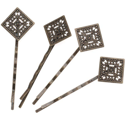 Antiqued Brass Color Diamond Filigree Bobby Pin 66.5mm (4 pieces)