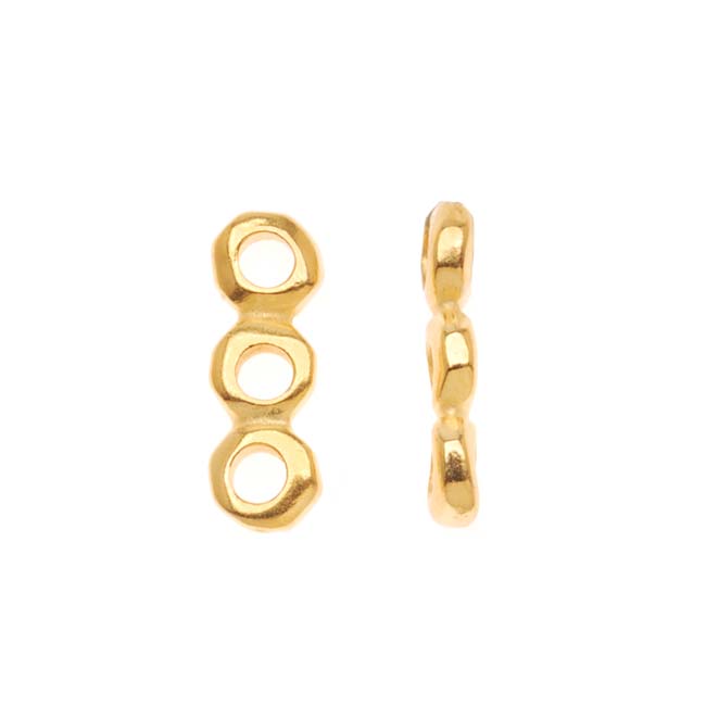 Metal Spacer Bead, 3-Strand Nugget Bar 13x5x4.5mm, Gold Plated, By TierraCast (2 Pieces)