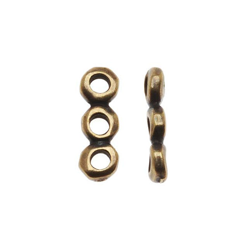 Metal Spacer Bead, 3-Strand Nugget Bar 13x5x4.5mm Brass Oxide Finish, By TierraCast (2 Pieces)