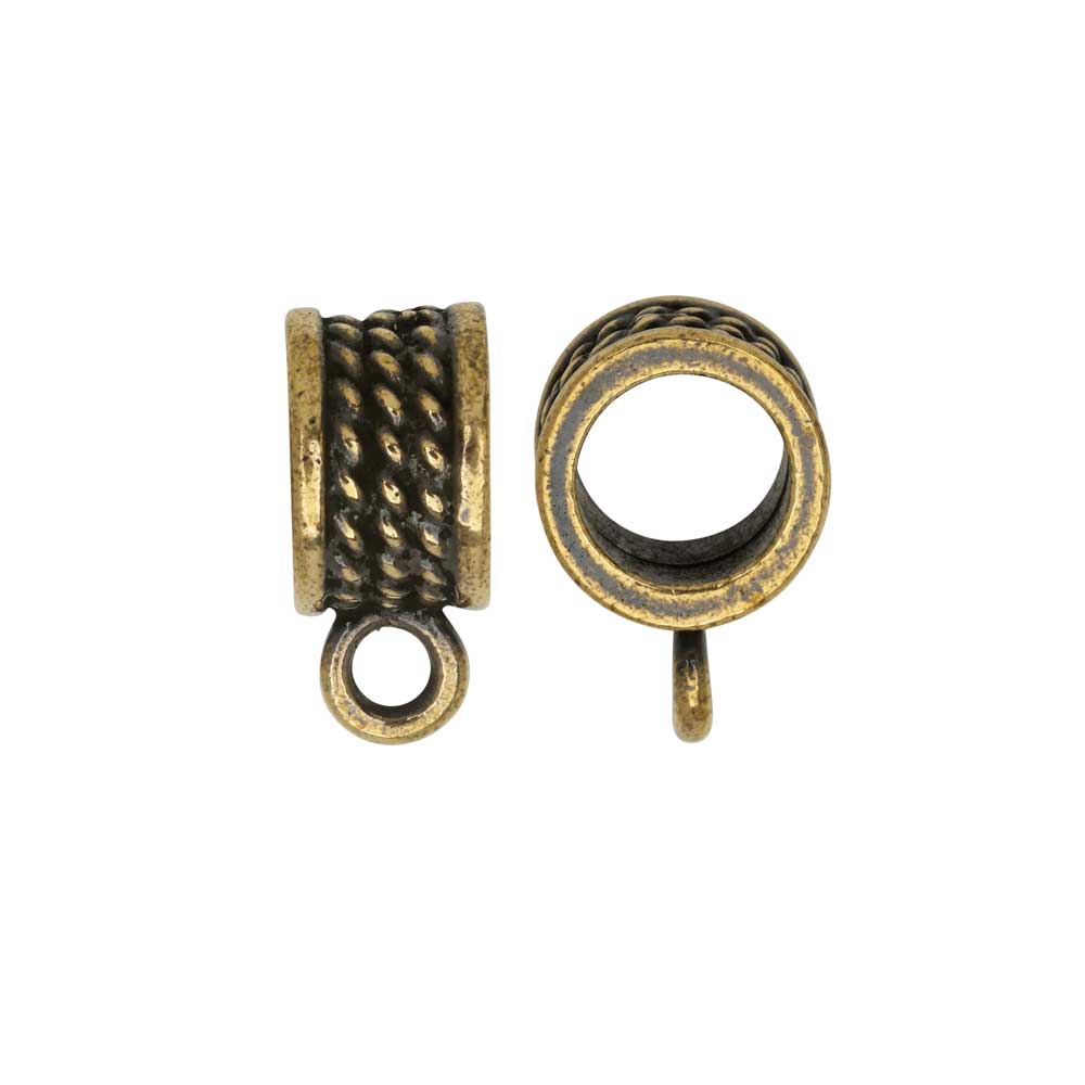 Slider Bail, Roped Round 16mm, Fits 8mm Cord, Antiqued Gold By TierraCast (2 Pieces)