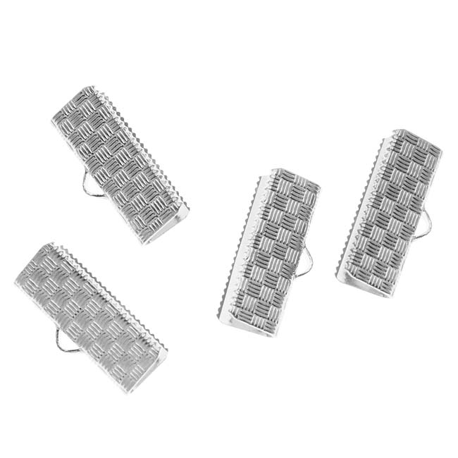 Cord Ends, Ribbon Pinch Crimp with Woven Texture 19.5mm, Silver Plated (4 Pieces)