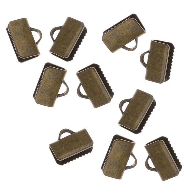 Cord Ends, Ribbon Pinch Crimps 10mm, Antiqued Brass (20 Pieces)