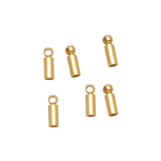 Cord Ends, Barrel with Ring 6.5mm Long, Fits 1.2mm Cord, 22K Gold Plated (6 Pieces)