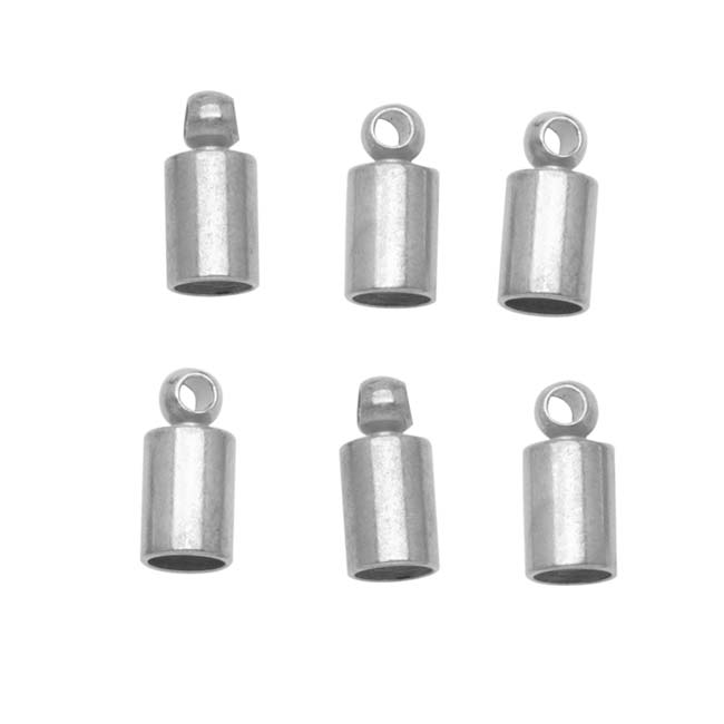 Cord Ends, Barrel with Ring 8.5mm Long, Fits 3.5mm Cord, Silver Plated (6 Pieces)