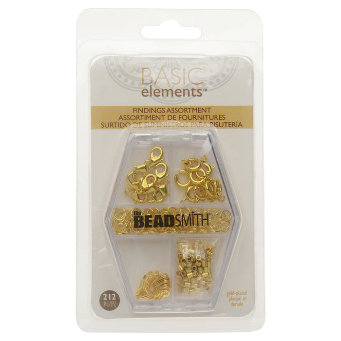 Basic Elements Findings Assortment, Lobster Clasps, Spring Rings, Jump Rings, Tags, & Crimp Beads, Gold Plated (212 Pcs)
