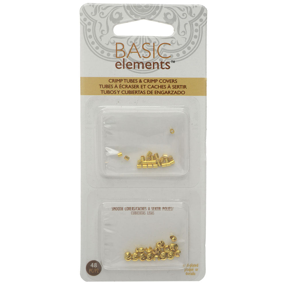Basic Elements Crimp Tube Beads & Smooth Crimp Covers, 2x2mm and 3mm, Gold Plated (48 Pieces)