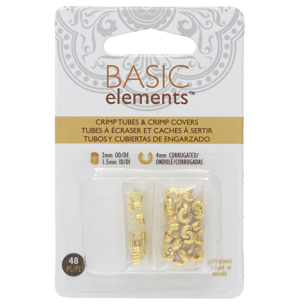 Basic Elements Crimp Tube Beads & Corrugated Crimp Covers, 2x2mm and 4mm, Gold Plated (48 Pieces)