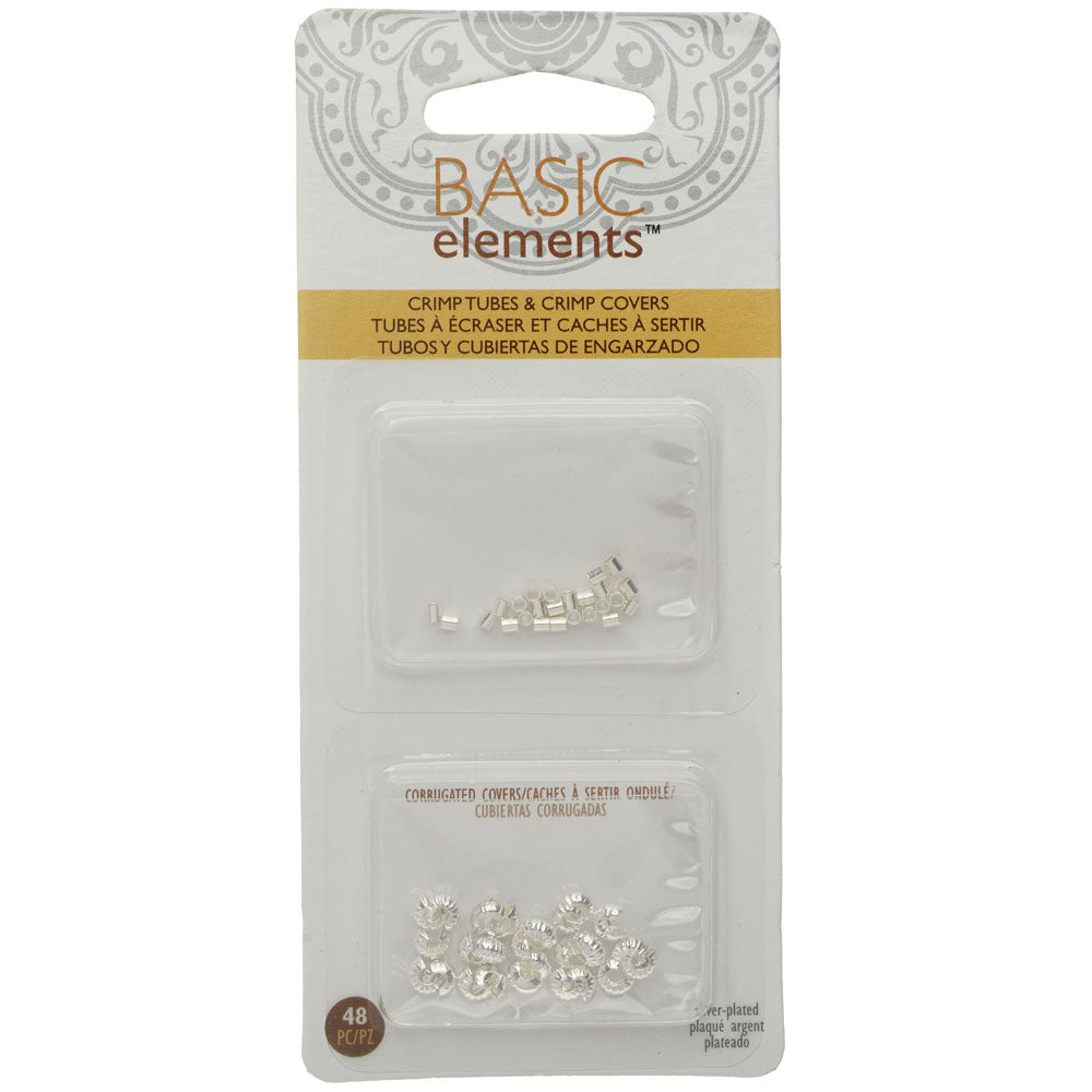 Basic Elements Crimp Tube Beads & Corrugated Crimp Covers, 2x2mm and 4mm, Silver Plated (48 Pieces)