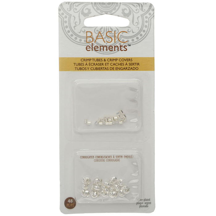 Basic Elements Crimp Tube Beads & Corrugated Crimp Covers, 2x2mm and 4mm, Silver Plated (48 Pieces)