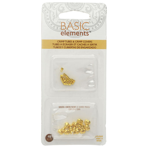 Basic Elements Crimp Tube Beads & Smooth Crimp Covers, 2x2mm and 4mm, Gold Plated (48 Pieces)