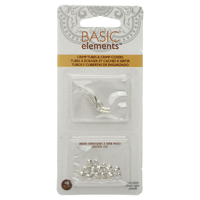 Basic Elements Crimp Tube Beads & Smooth Crimp Covers, 2x2mm and 4mm, Silver Plated (48 Pieces)