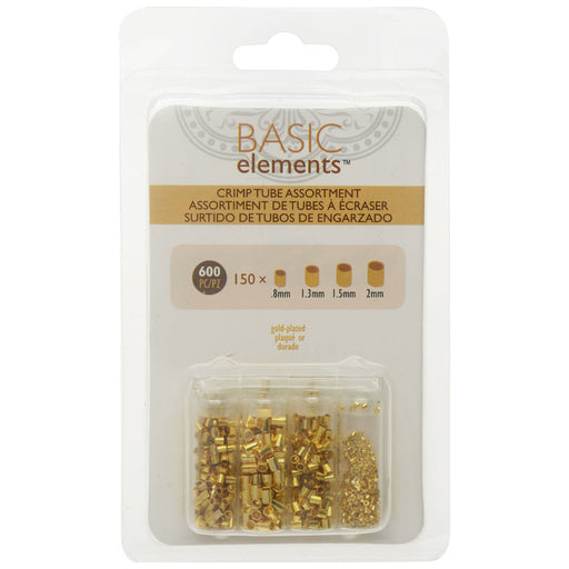 Basic Elements Crimp Beads, Tube 4 Size Variety Pack, Gold Plated (600 Pieces)