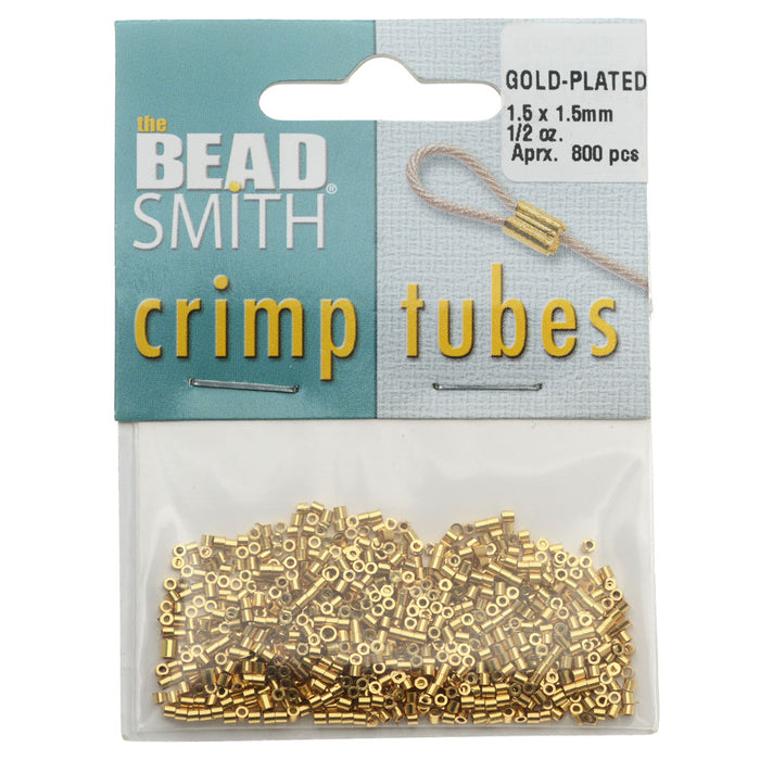 The Beadsmith Crimp Beads, Tube 1.5x1.5mm, Gold Plated (800 Pieces)