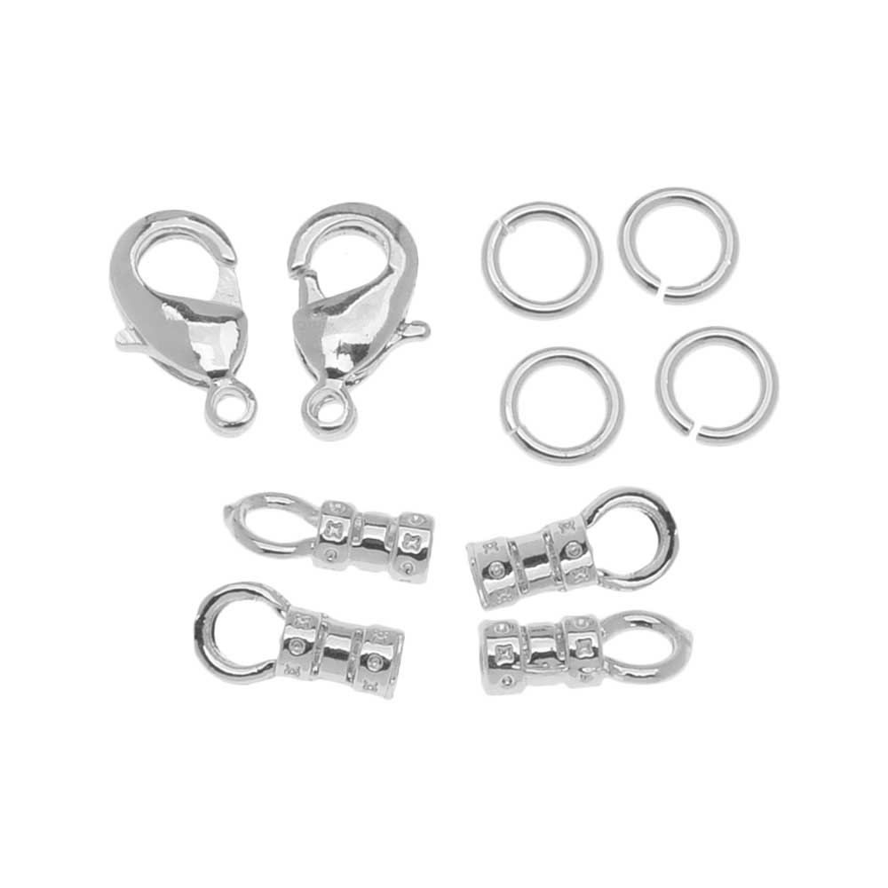 Beadalon Clasp Set, Lobster Clasp / Open Jump Ring / Loop Crimp fits 2mm Cord, Silver Tone (2 Sets)