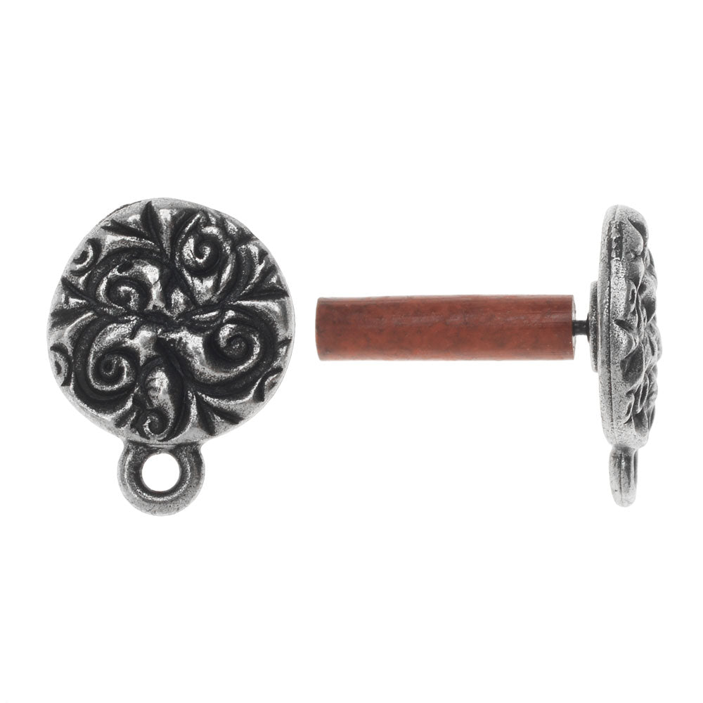 TierraCast Earring Post, Round Jardin 12mm Antiqued Pewter (Pair)
