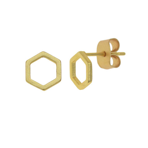 Earring Posts, Open Hexagon with Earnuts 7mm, Matte Gold Toned (1 Pair)