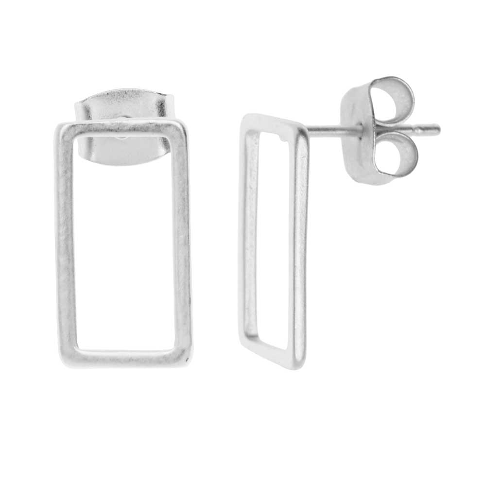 Earring Posts, Open Rectangle with Earnuts 8x15mm, Matte Silver Toned (1 Pair)