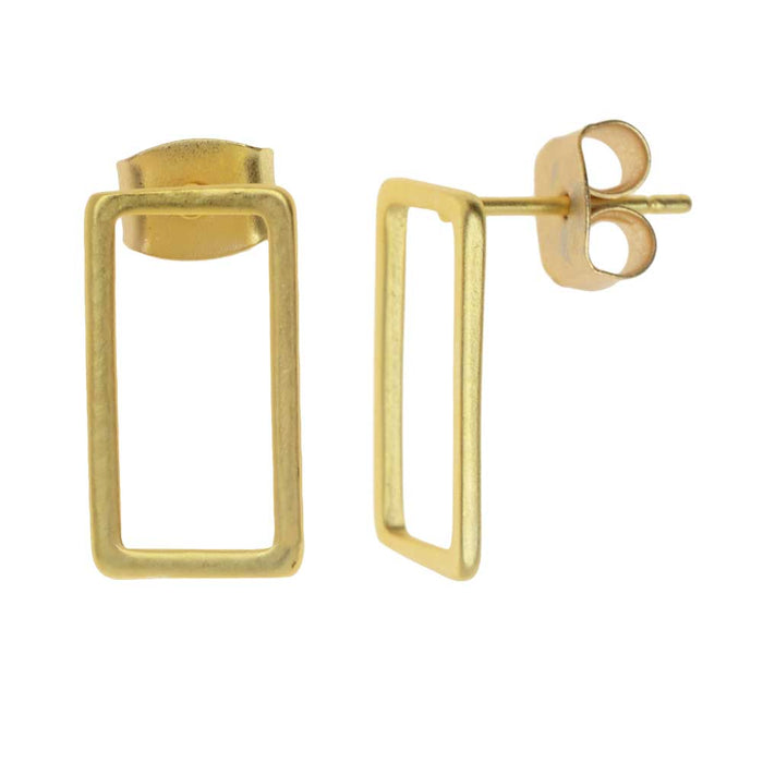 Earring Posts, Open Rectangle with Earnuts 8x15mm, Matte Gold Toned (1 Pair)