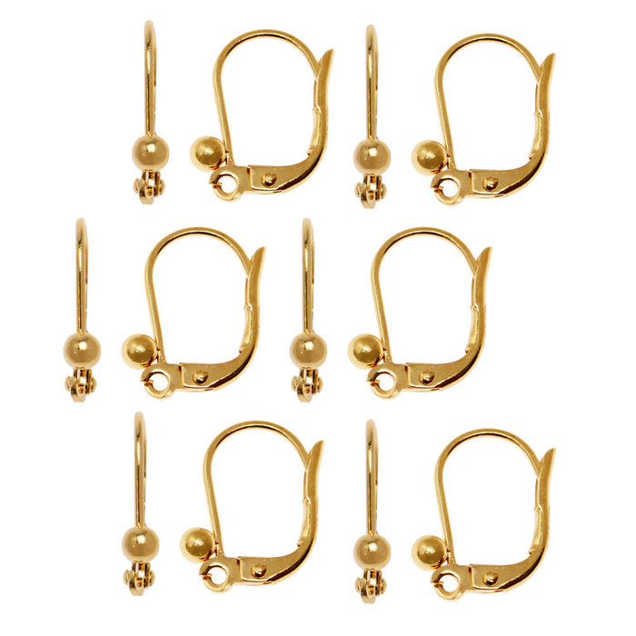 Leverback Earrings, w/ Ball Embellishment 14x9mm, Gold Plated (6 Pairs)