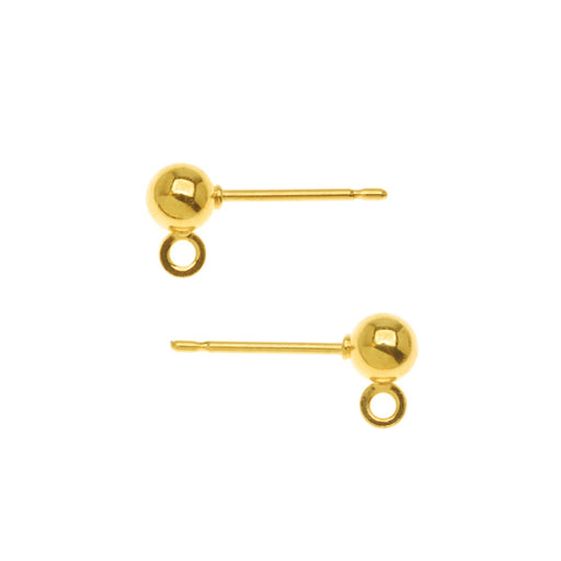 Earring Posts, Stud with Ball 4mm, Gold Plated (10 Pairs)