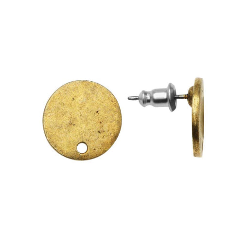 Earring Posts, Flat Tag Mini Circle 12.5mm, Antiqued Gold, by Nunn Design (1 Pair)