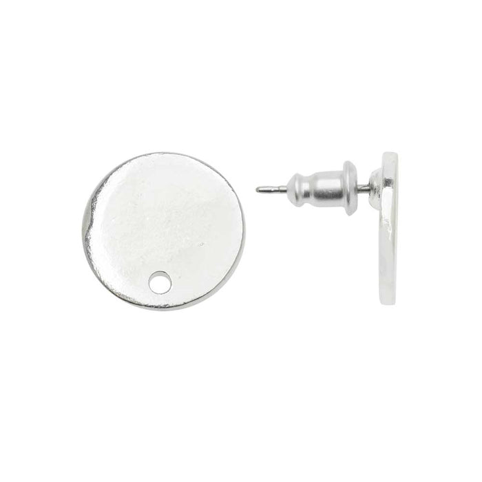 Earring Posts, Flat Tag Mini Circle 12.5mm, Bright Silver, by Nunn Design (1 Pair)