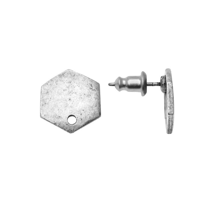 Earring Posts, Flat Tag Mini Hexagon 12mm, Antiqued Silver, by Nunn Design (1 Pair)