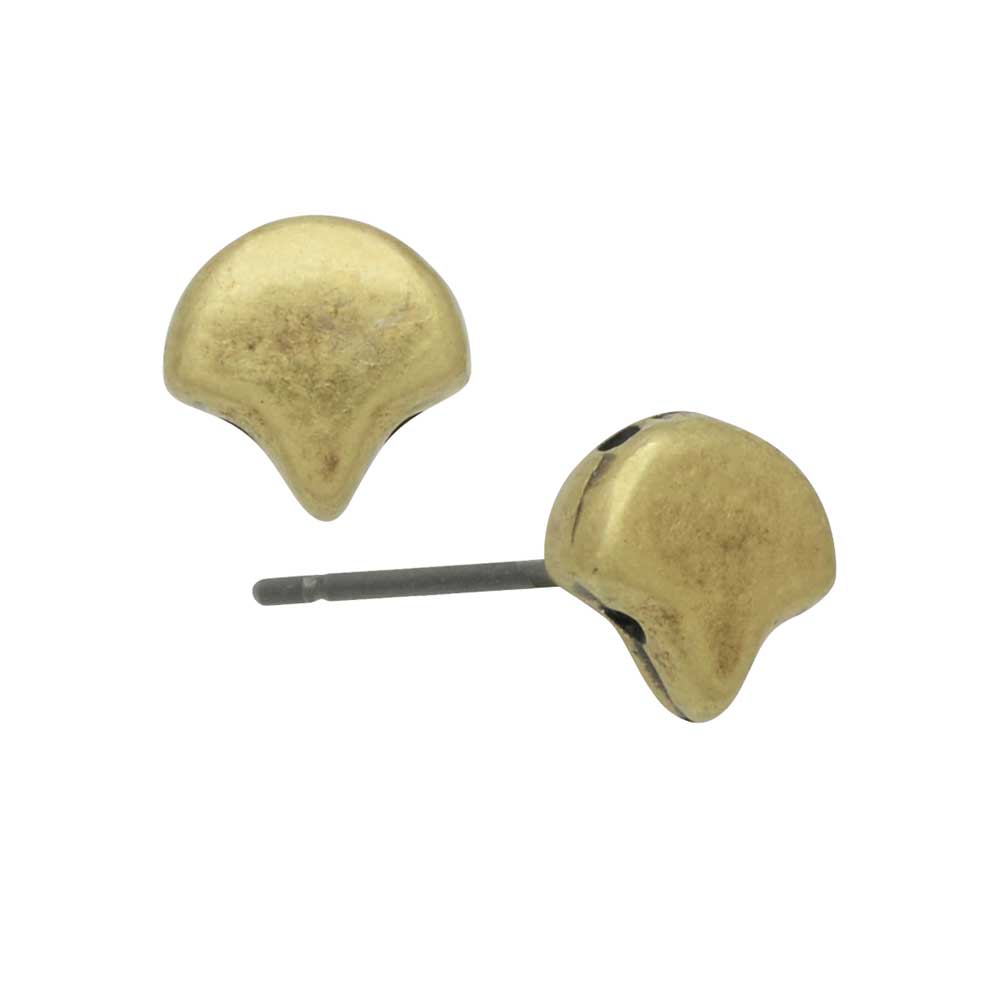 Cymbal Earring Posts for Ginko Beads, Alopronia, 2-Hole Leaf 7.5x8mm, Antiqued Brass Plated (1 Pair)