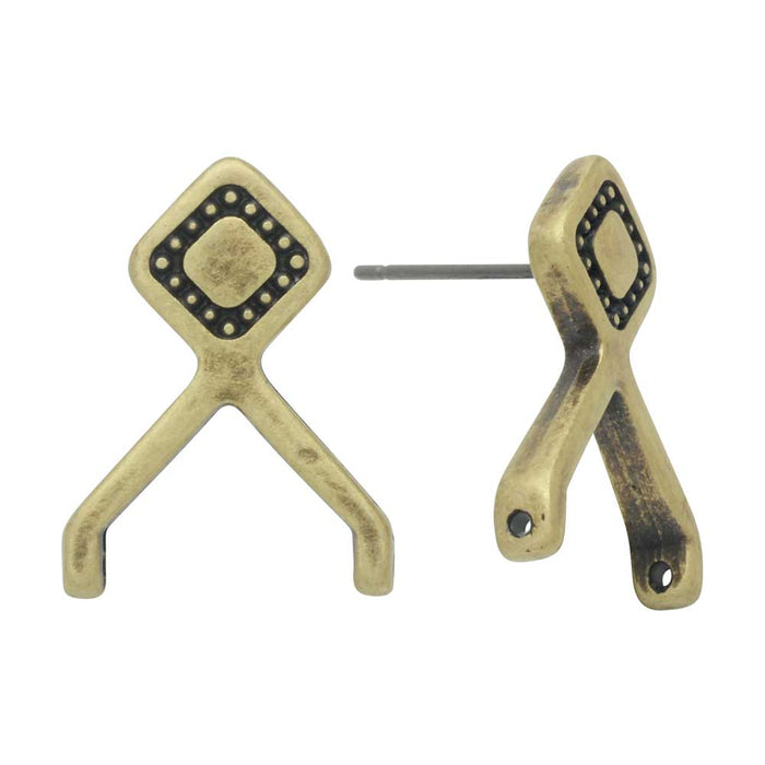 Cymbal Earring Posts for 8/0 Delica & Round Beads, Kaminaki II, 19x14mm, Antiqued Brass Plated (1 Pair)