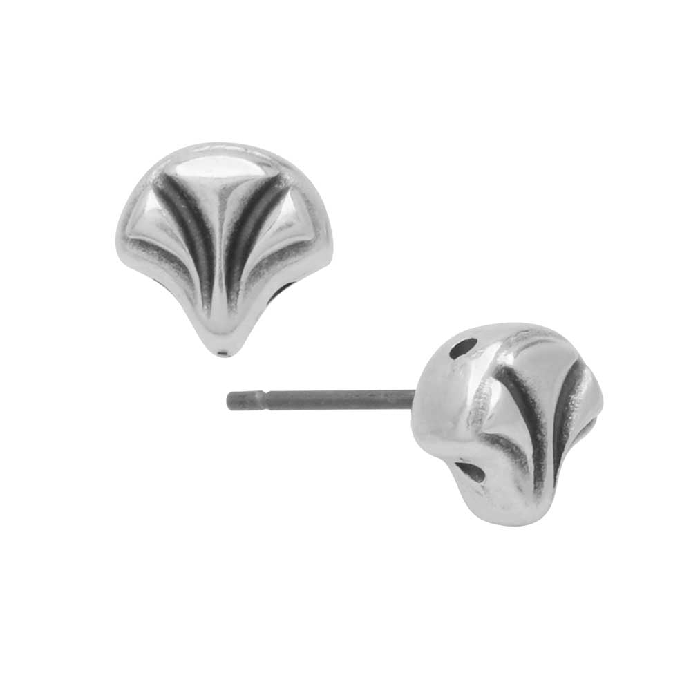 Cymbal Earring Posts for Ginko Beads, Limani, 2-Hole Leaf 7.5x8mm, Antiqued Silver Plated (1 Pair)
