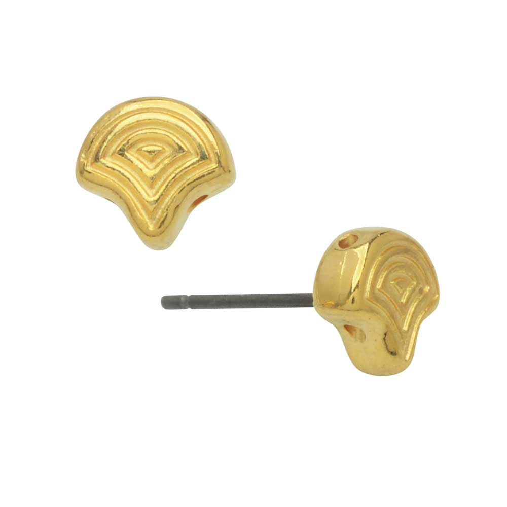Cymbal Earring Posts for Ginko Beads, Polykarpos, 2-Hole Leaf 7.5x8mm, 24k Gold Plated (1 Pair)