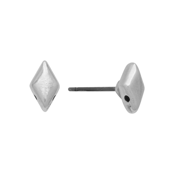 Cymbal Earring Posts for GemDuo Beads, Provatas, Diamond 8x5mm, Antiqued Silver Plated (1 Pair)