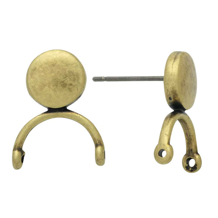 Cymbal Earring Posts for Delica & Round Beads, Venio II, Round 14.5x12mm, Antiqued Brass Plated (1 Pair)