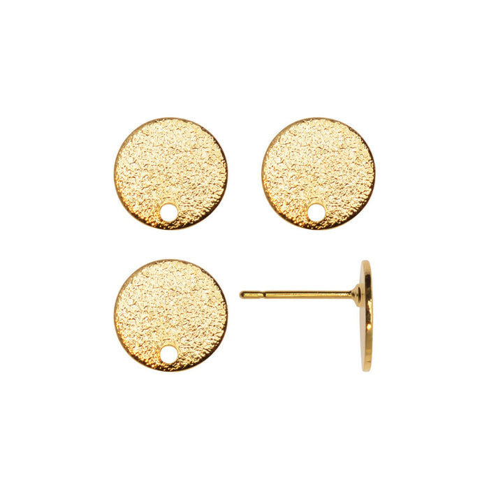 Earring Post, Textured Circle with Punched Hole 10mm, Gold Plated (2 Pairs)
