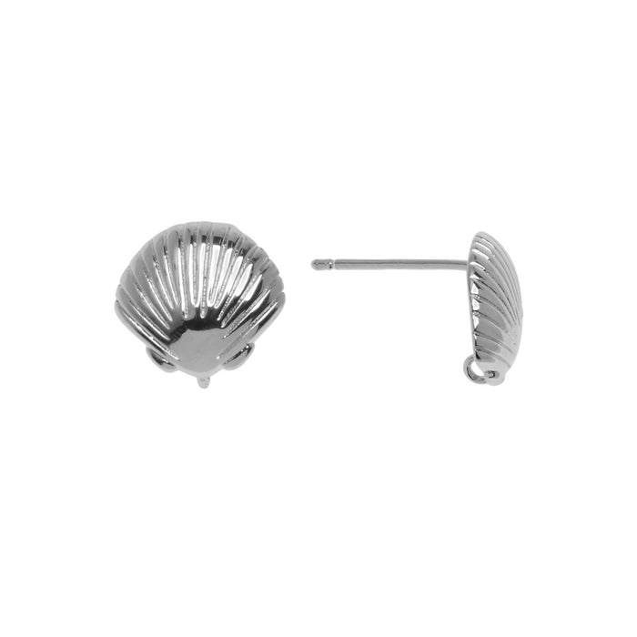 Earring Post, Seashell with Loop 11x11.5mm, Platinum Tone (2 Pairs)
