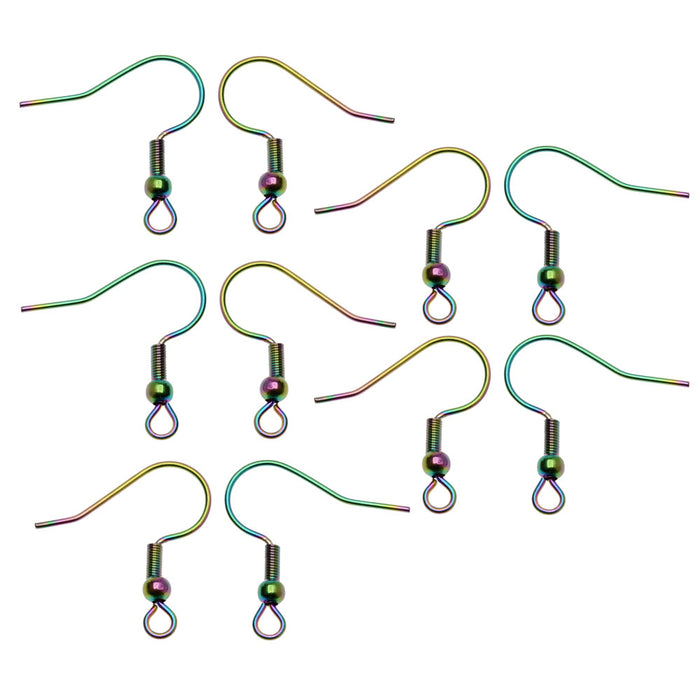 Earring Findings, French Wire Hooks with Ball & Coil 18mm, Rainbow Titanium Color (10 Pieces)