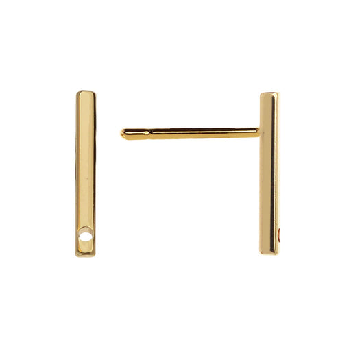 Earring Post, Rectangle with Hole 14mm, Gold Plated (2 Pairs)