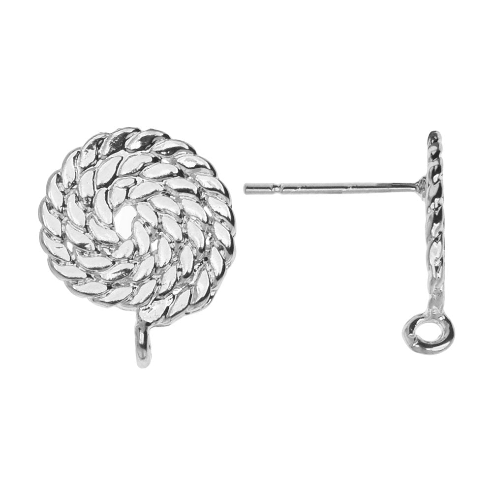 Earring Post, Rope Circle with Loop 12x15mm, Platinum Tone (2 Pairs