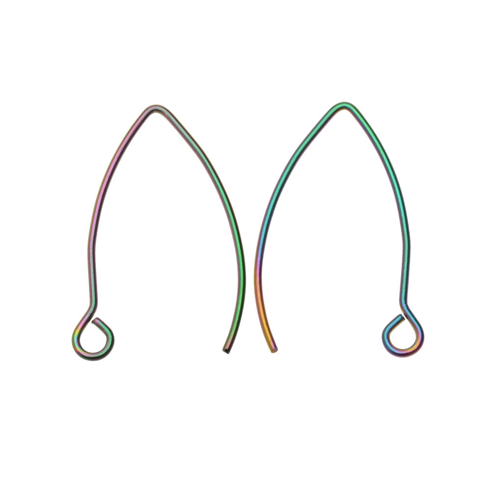 Earring Findings, V-Shaped French Ear Wire with Loop 15.5x26mm, Rainbow Titanium Color (2 Pairs)
