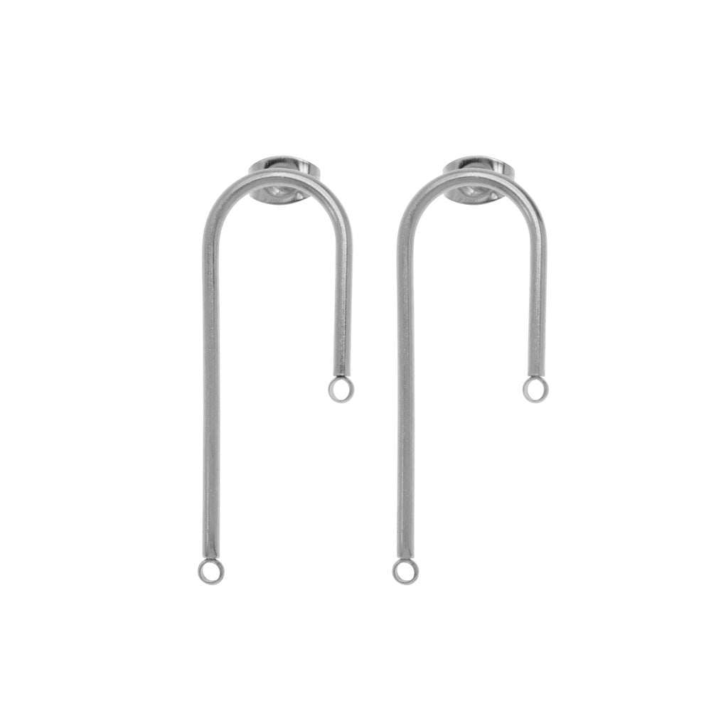 Earring Post, U-Shaped Chandelier with Loops & Earnuts 37x15mm, Stainless Steel (1 Pair)