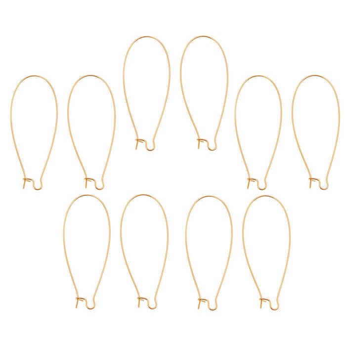 Earring Findings, Kidney Wire Hook 47mm, Gold Plated (10 Pairs)