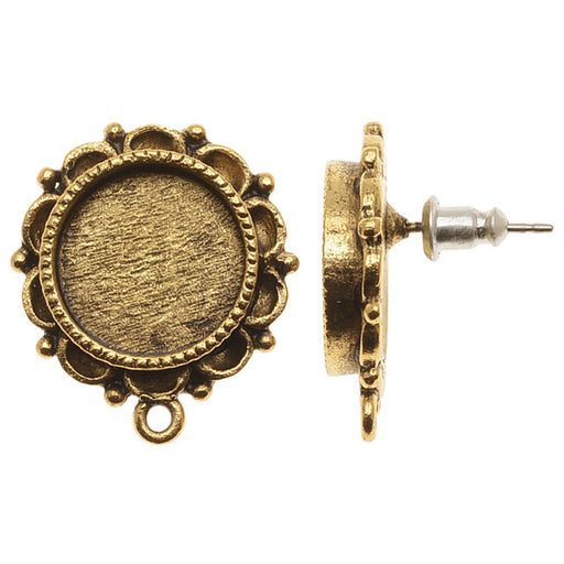 Nunn Design Antiqued 24kt Gold Plated Ornate Round Bezel Earring Post 13mm (1 Pair)